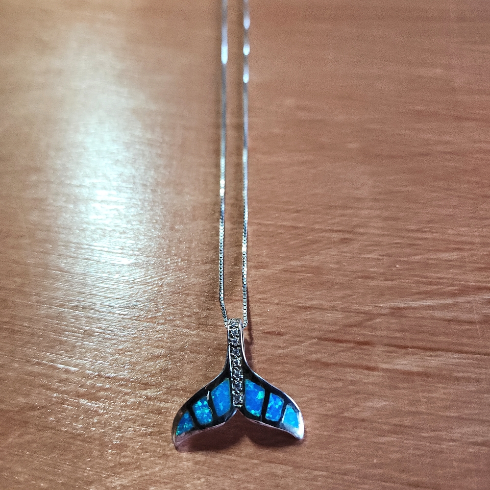 Blue Opal & Sterling Silver Whale Tail Necklace